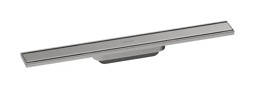 Edelstahl-Duschrinne von Hansgrohe mit einer langen, schmalen Form und glatter Oberfläche, zur Integration in Duschbereichen zur Wasserableitung.